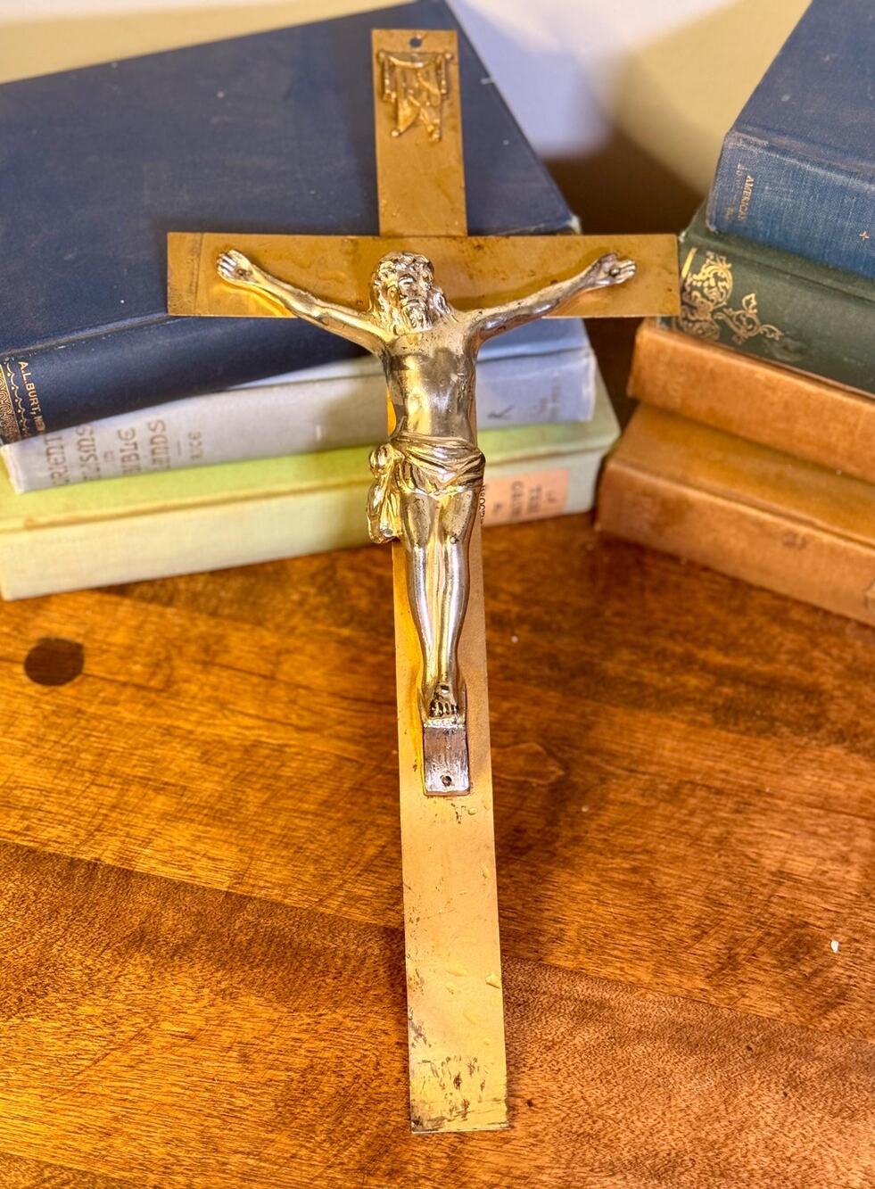 Vintage Brass Wall Crucifix, Silver Tone Corpus, Mid-Century Christian Decor